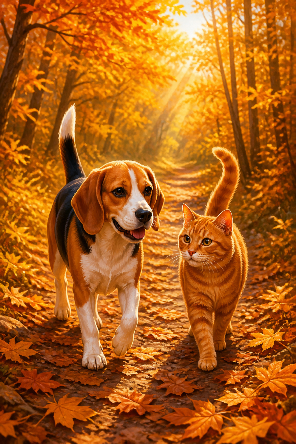 Diamond painting ontwerp met beagle en rode kat in het herfstbos