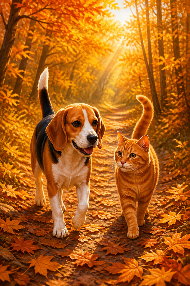 Diamond painting ontwerp met beagle en rode kat in het herfstbos