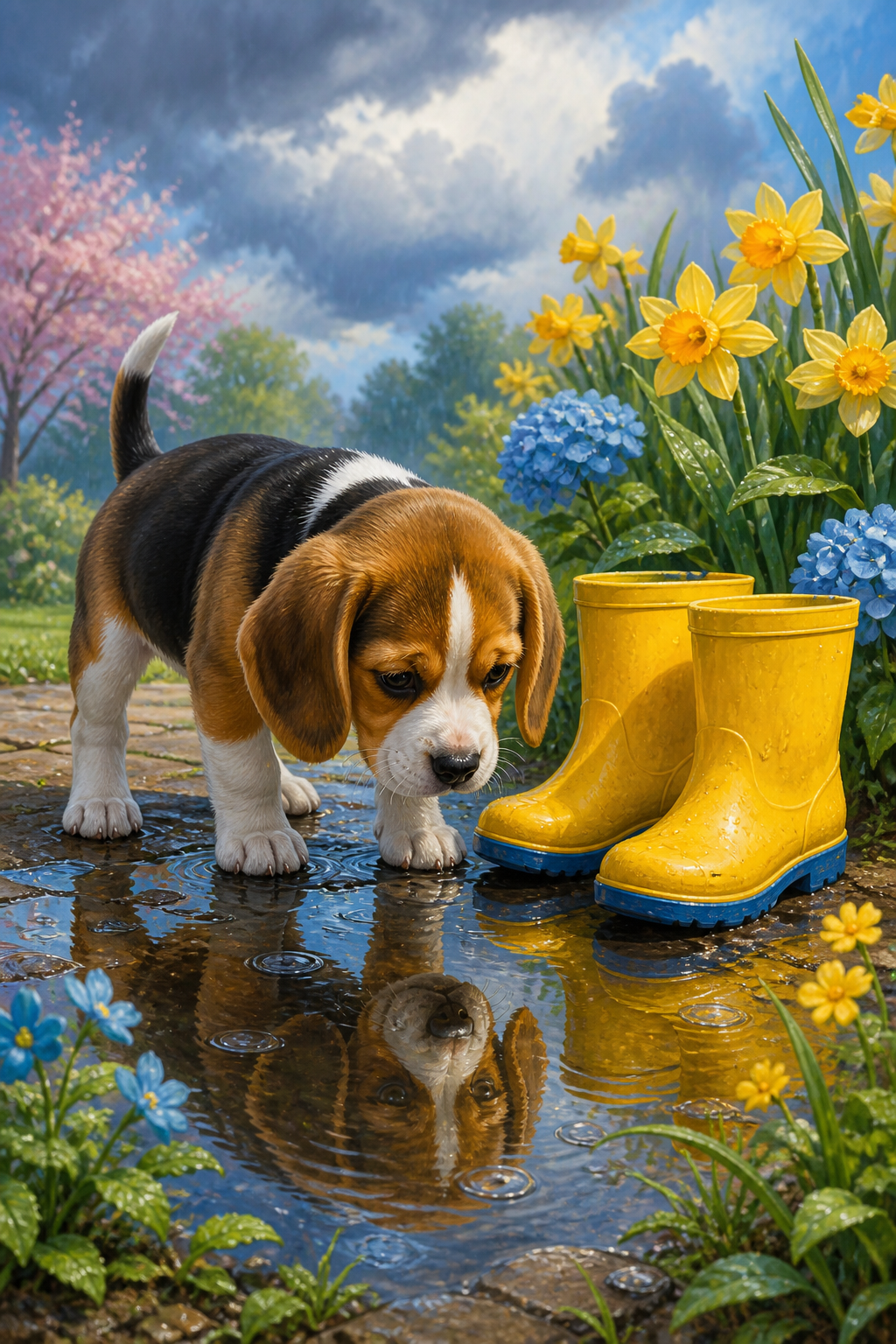 Diamond painting ontwerp met beagle puppy bij gele laarsjes