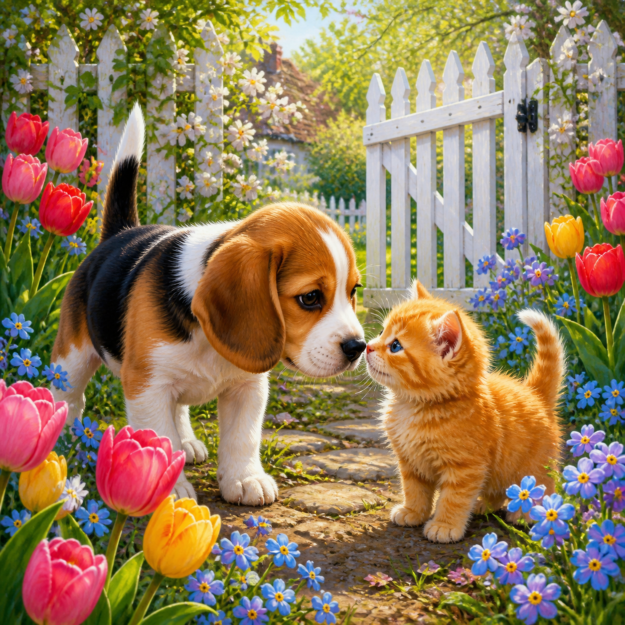 Diamond painting ontwerp met beagle puppy en kitten in de tuin