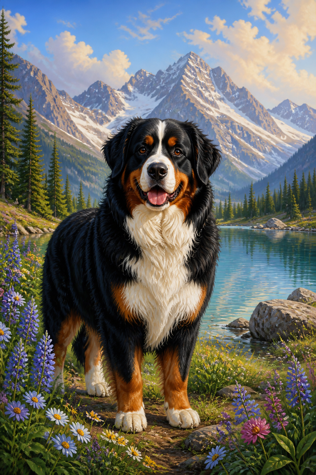 Diamond painting ontwerp met berner sennenhond bij bergmeer