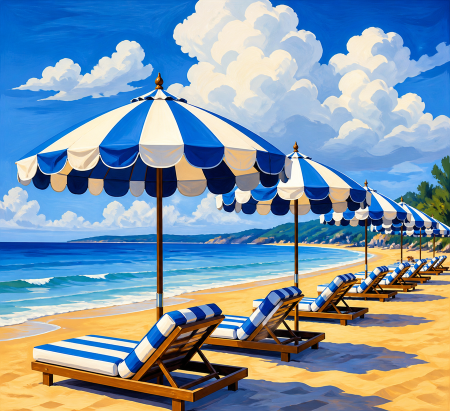 Diamond painting ontwerp met blauw-witte parasols op het strand