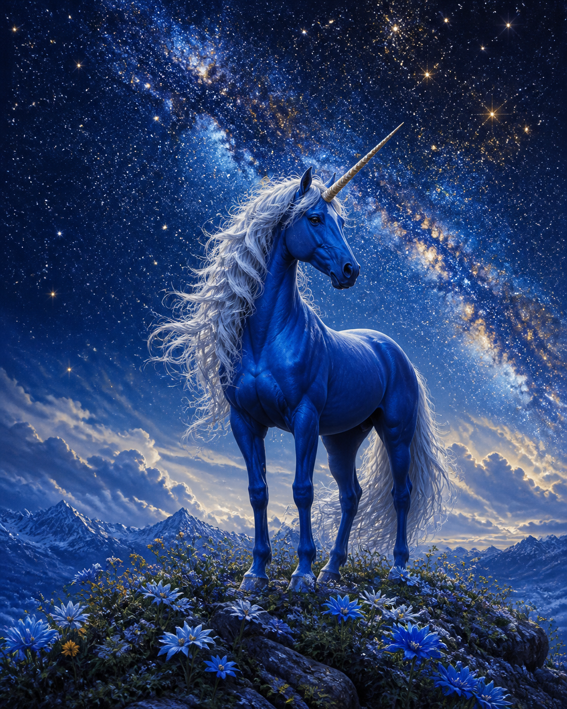 Diamond painting ontwerp met blauwe eenhoorn onder de sterren
