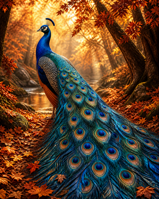 Diamond Painting Blauwe Pauw in het Herfstbos – een blauwe pauw in een koperkleurig herfstbos