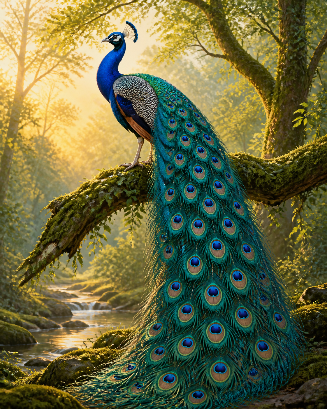 Diamond Painting Blauwe Pauw in Ochtendlicht – een koningsblauwe pauw in zacht ochtendlicht