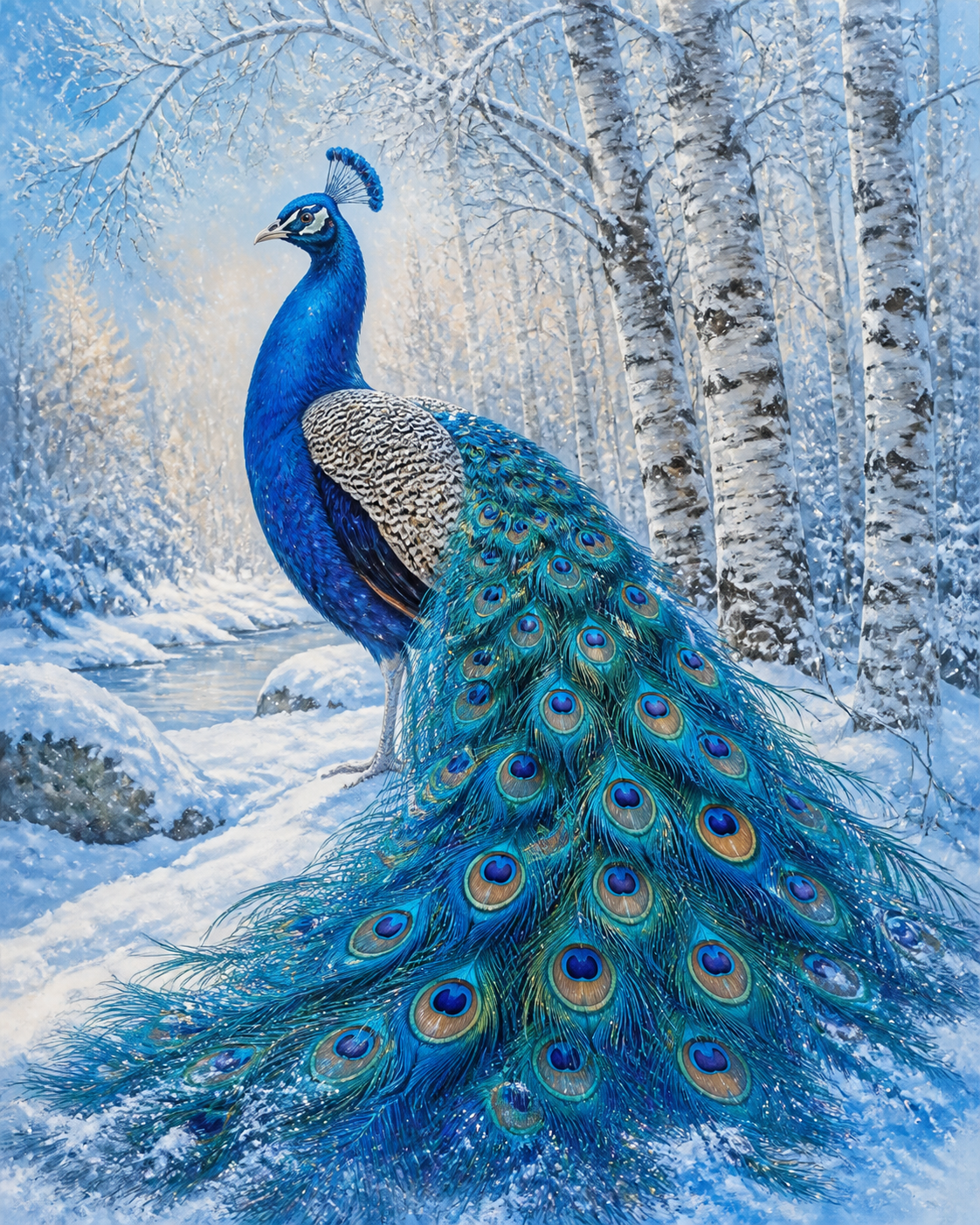 Diamond Painting Blauwe Pauw in de Sneeuw – een blauwe pauw in een stil sneeuwlandschap