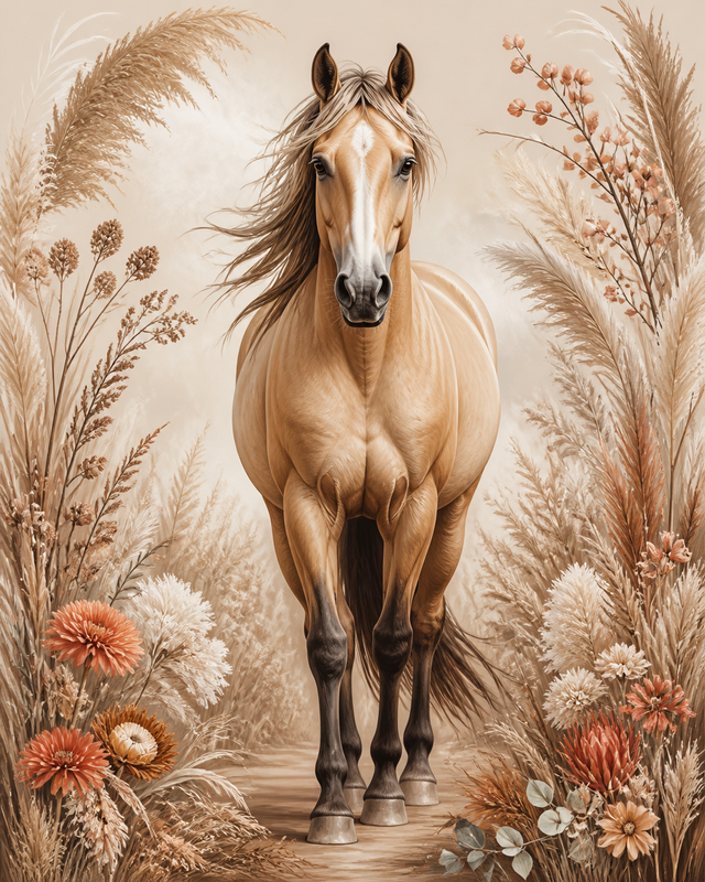 Diamond Painting Boho Paard met Pampasgras – een warm paardenportret tussen zacht pampasgras