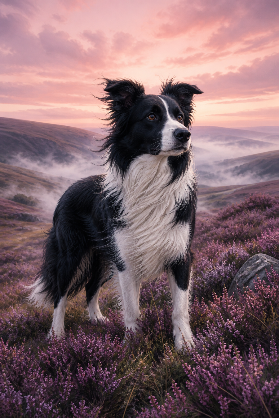 Diamond painting ontwerp met border collie tussen de heide