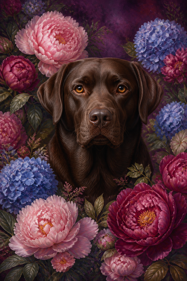 Diamond painting ontwerp met chocolade labrador tussen de bloemen