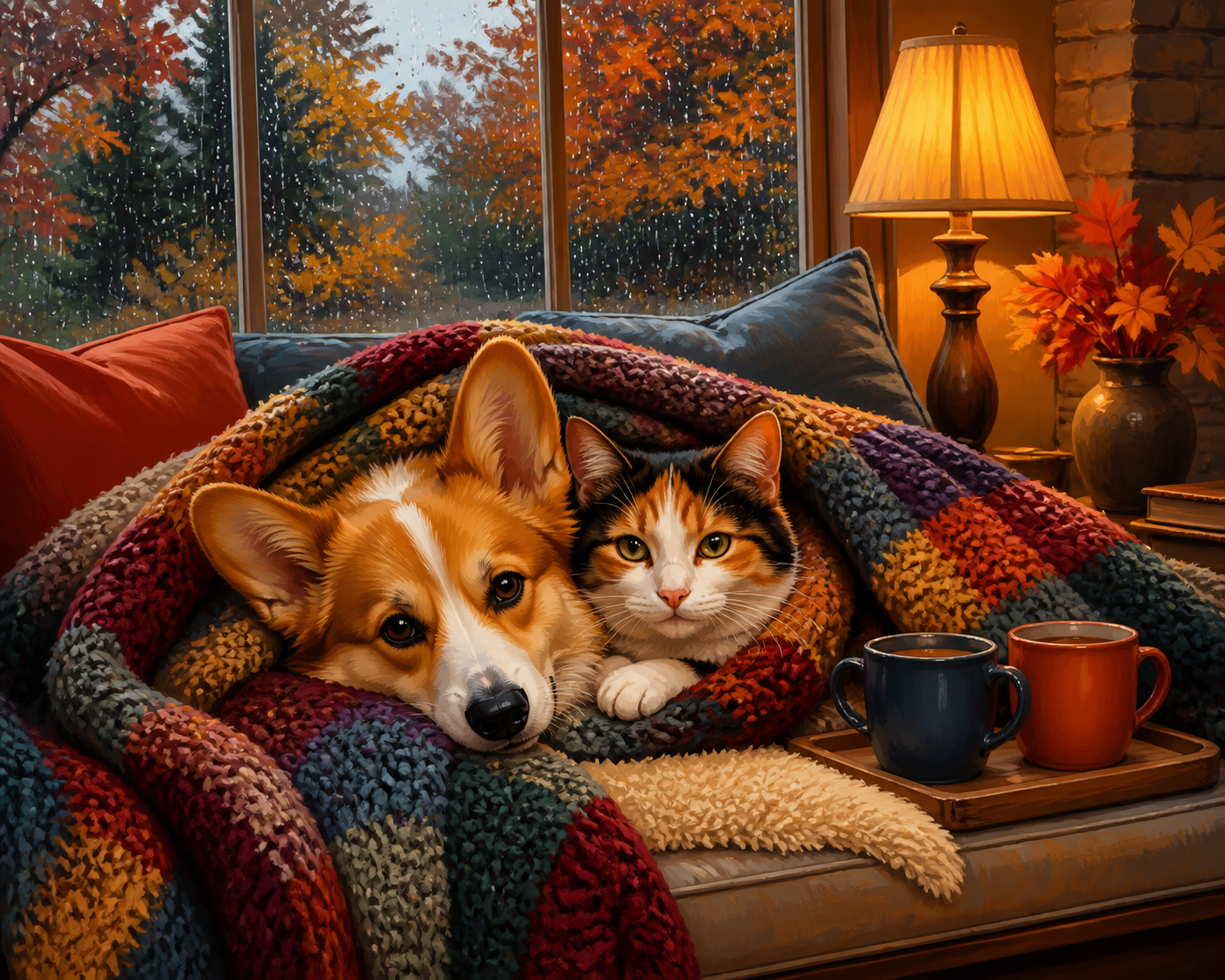 Diamond painting ontwerp met corgi en kat onder een deken