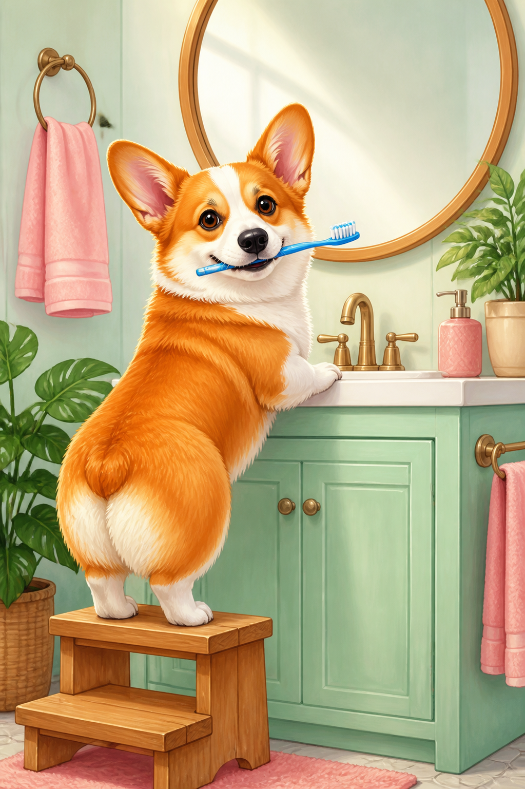 Diamond painting ontwerp met corgi poetst zijn tanden