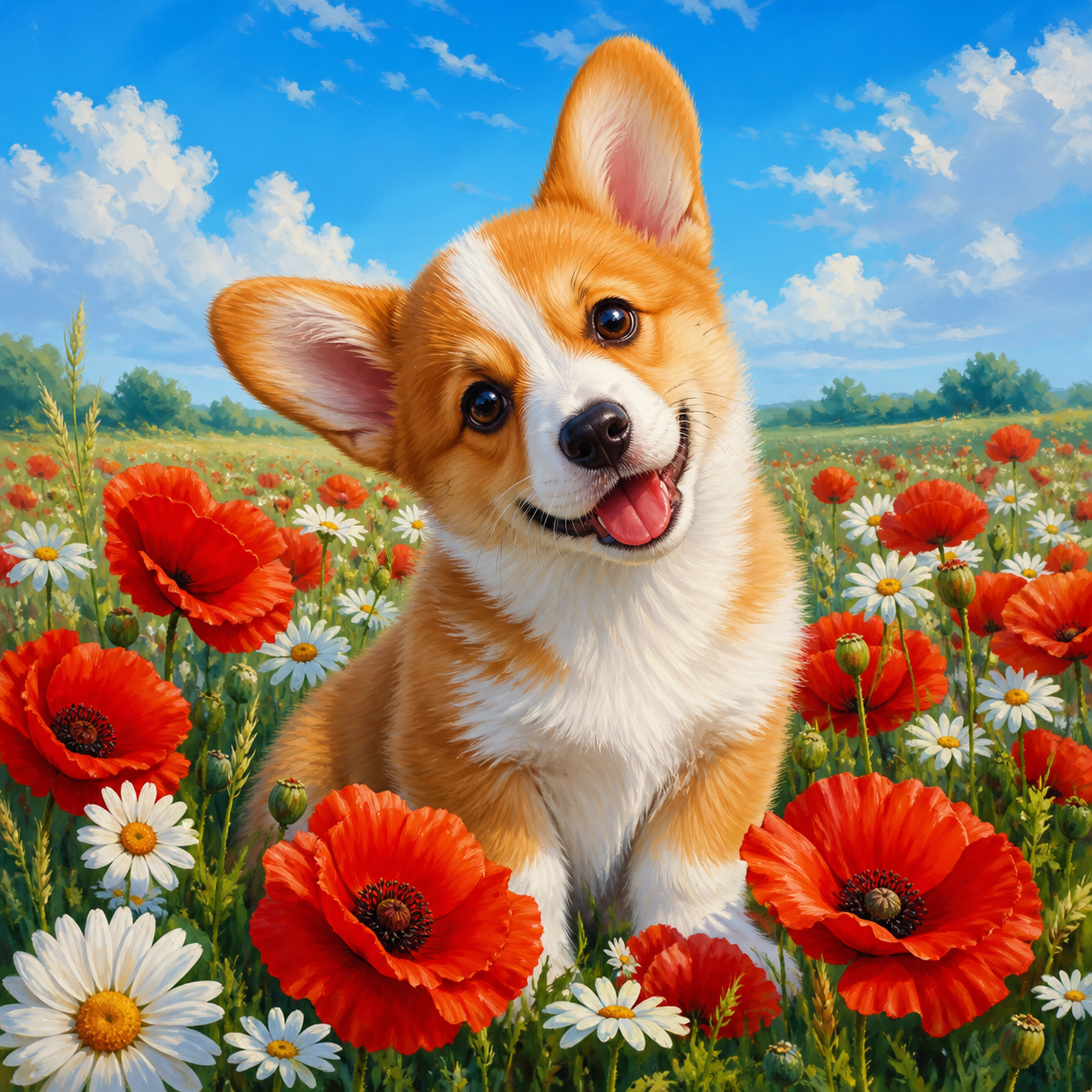 Diamond painting ontwerp met corgi puppy tussen de klaprozen
