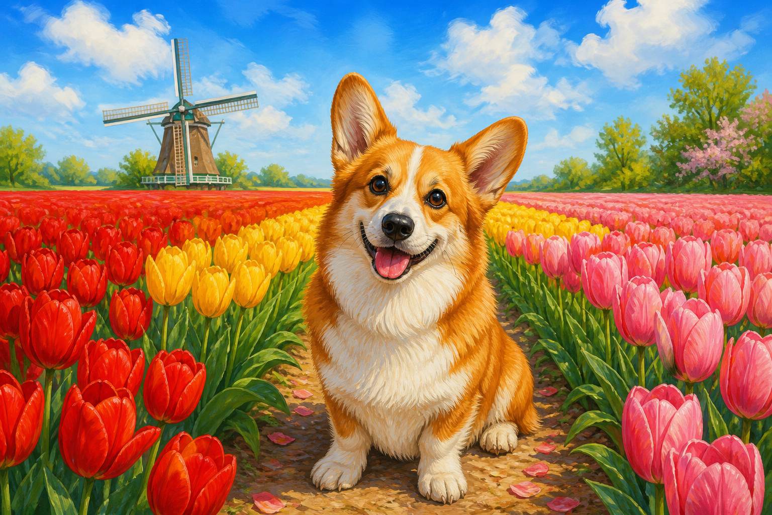 Diamond painting ontwerp met corgi tussen de tulpen