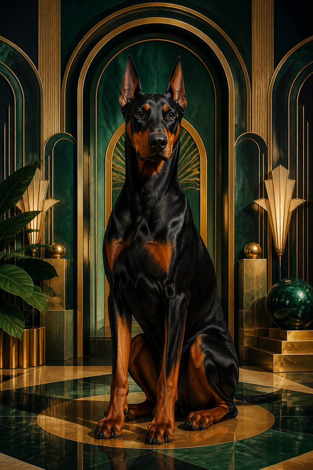 Diamond painting ontwerp met dobermann in groen en goud