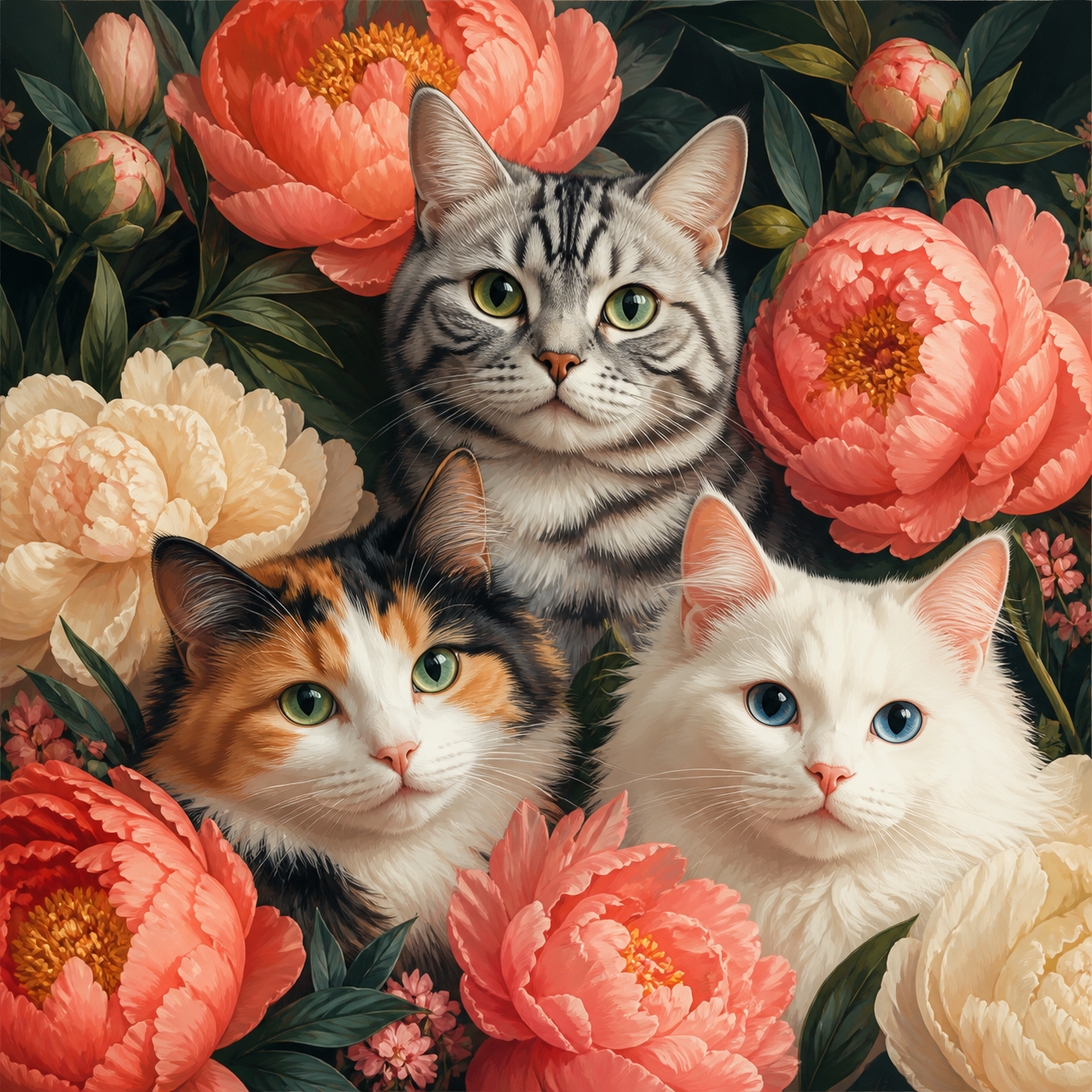 Diamond painting ontwerp met drie poezen tussen pioenrozen