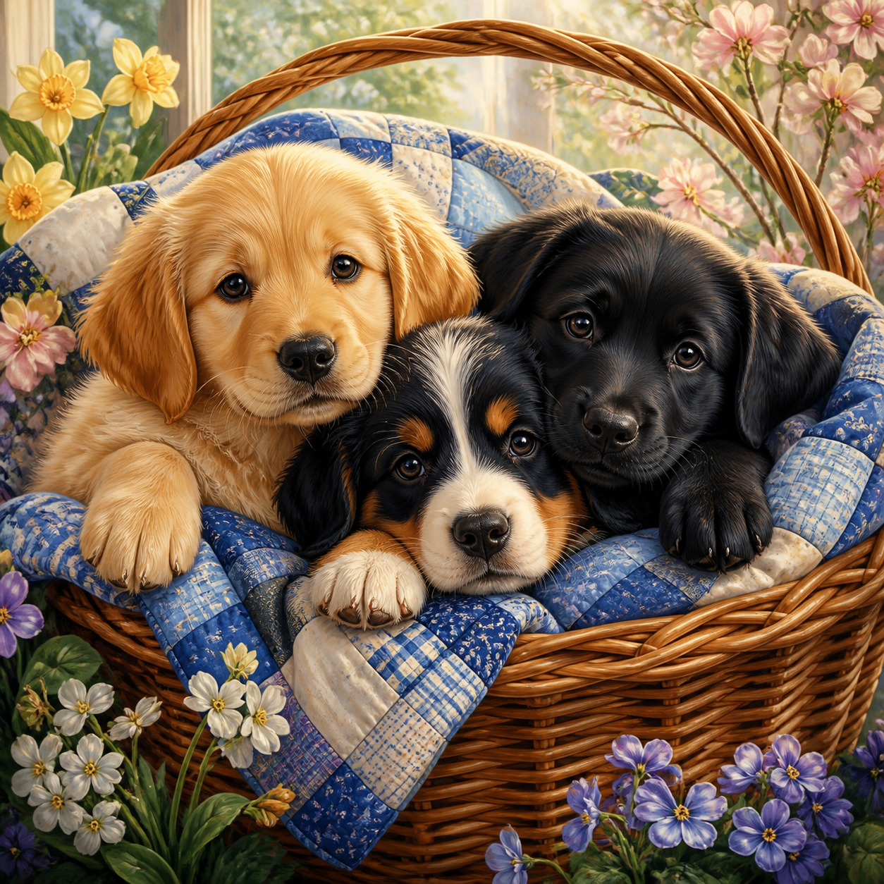 Diamond painting ontwerp met drie puppy's in een mand