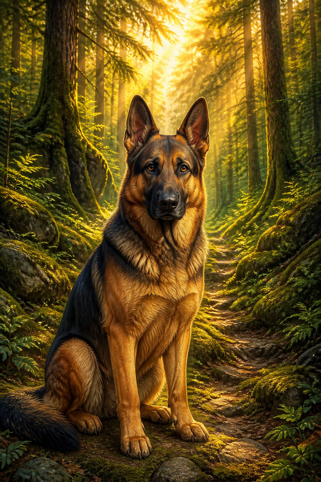 Diamond painting ontwerp met duitse herder in het zonnebos