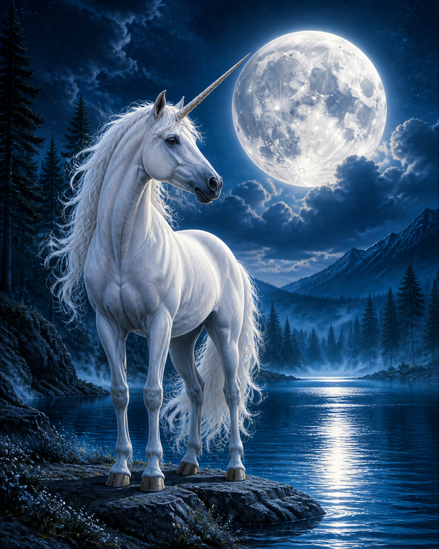 Diamond painting ontwerp met eenhoorn in het maanlicht