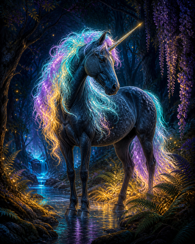 Diamond painting ontwerp met eenhoorn met lichtgevende manen