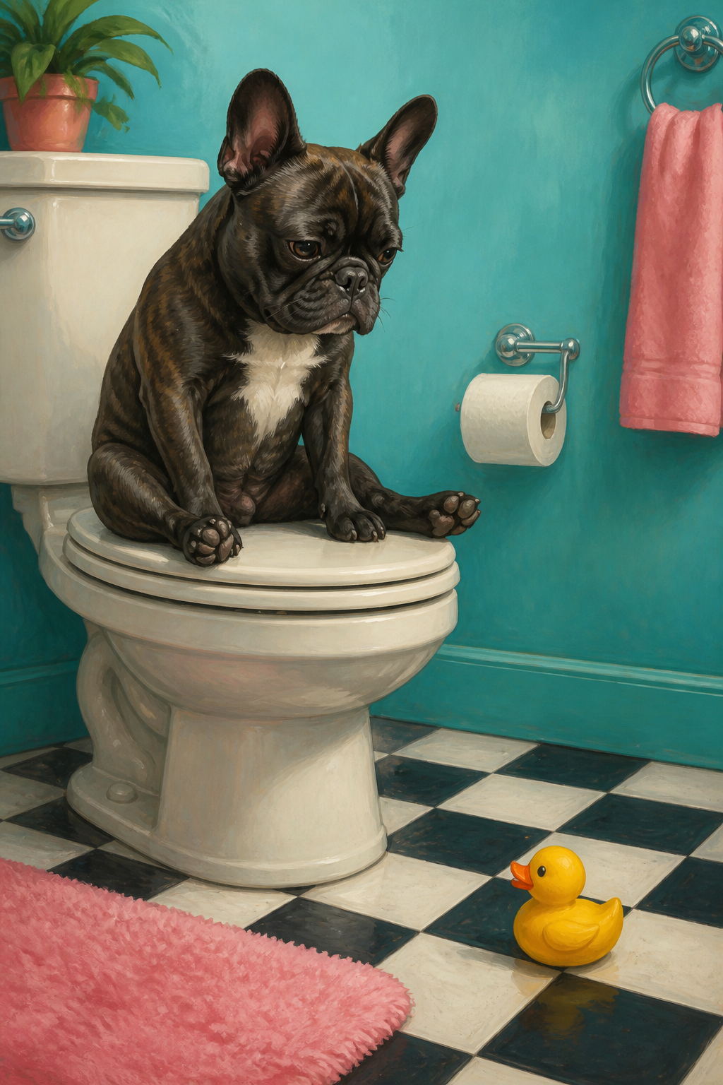 Diamond painting ontwerp met franse bulldog op de wc