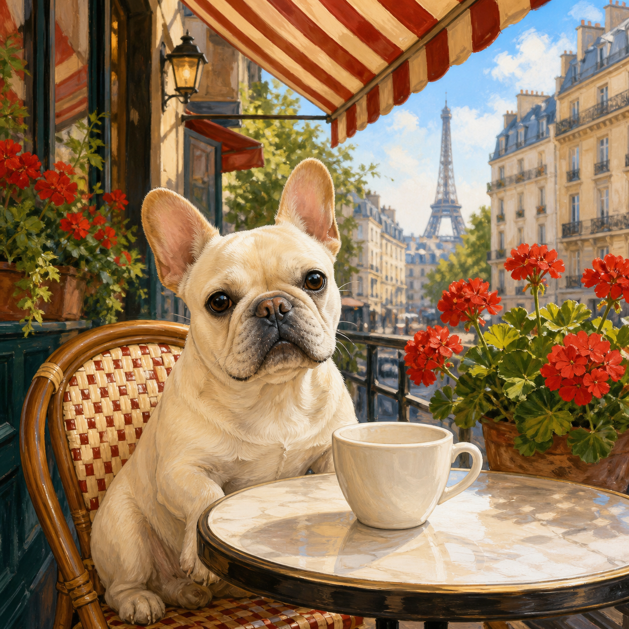 Diamond painting ontwerp met franse bulldog op een parijs terras