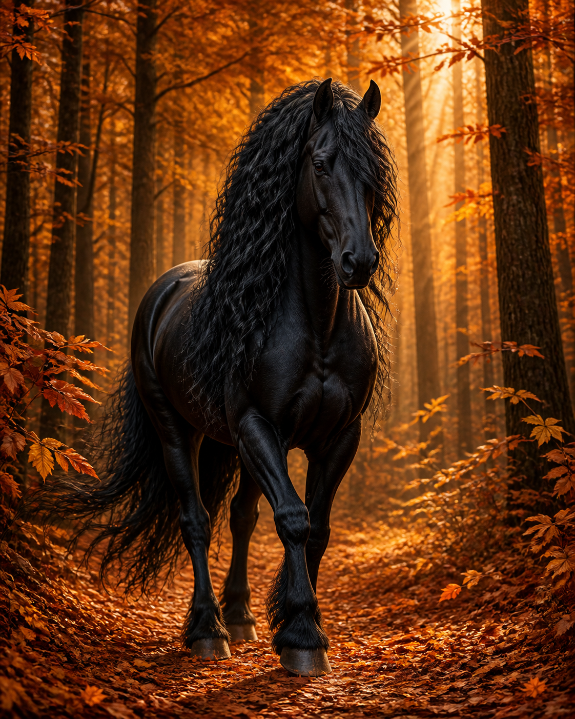 Diamond Painting Fries Paard in het Herfstbos – een Fries paard tussen koperkleurige herfstbladeren