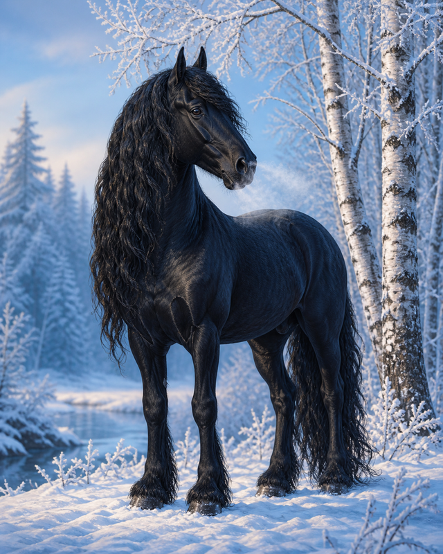 Diamond Painting Fries Paard in de Sneeuw – een zwart Fries paard in een rustig sneeuwlandschap