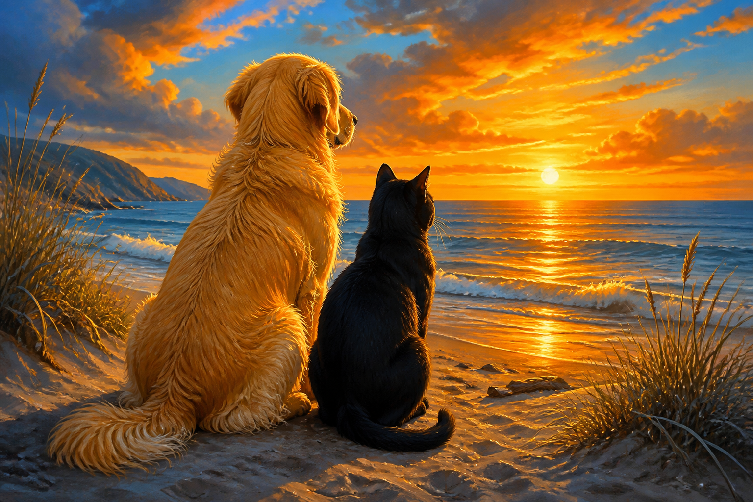 Diamond painting ontwerp met golden retriever en zwarte kat aan zee