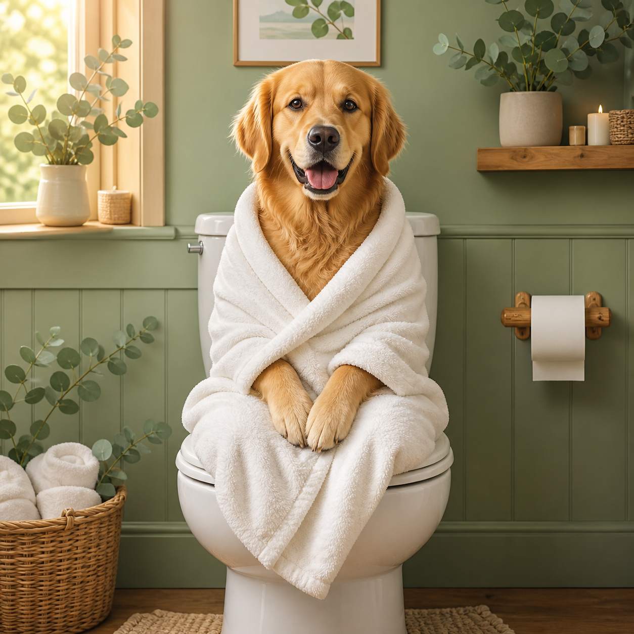 Diamond painting ontwerp met golden retriever op het toilet