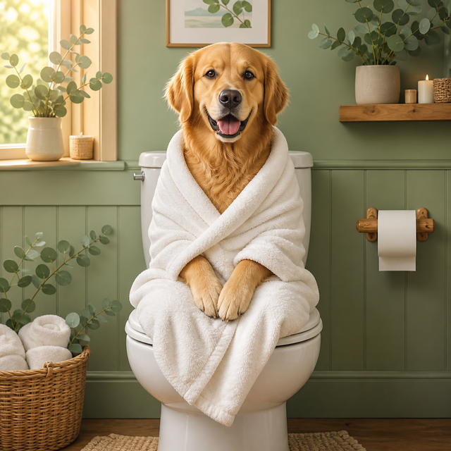 Diamond painting ontwerp met golden retriever op het toilet