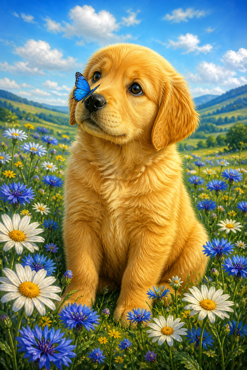 Diamond painting ontwerp met golden retriever puppy met vlinder