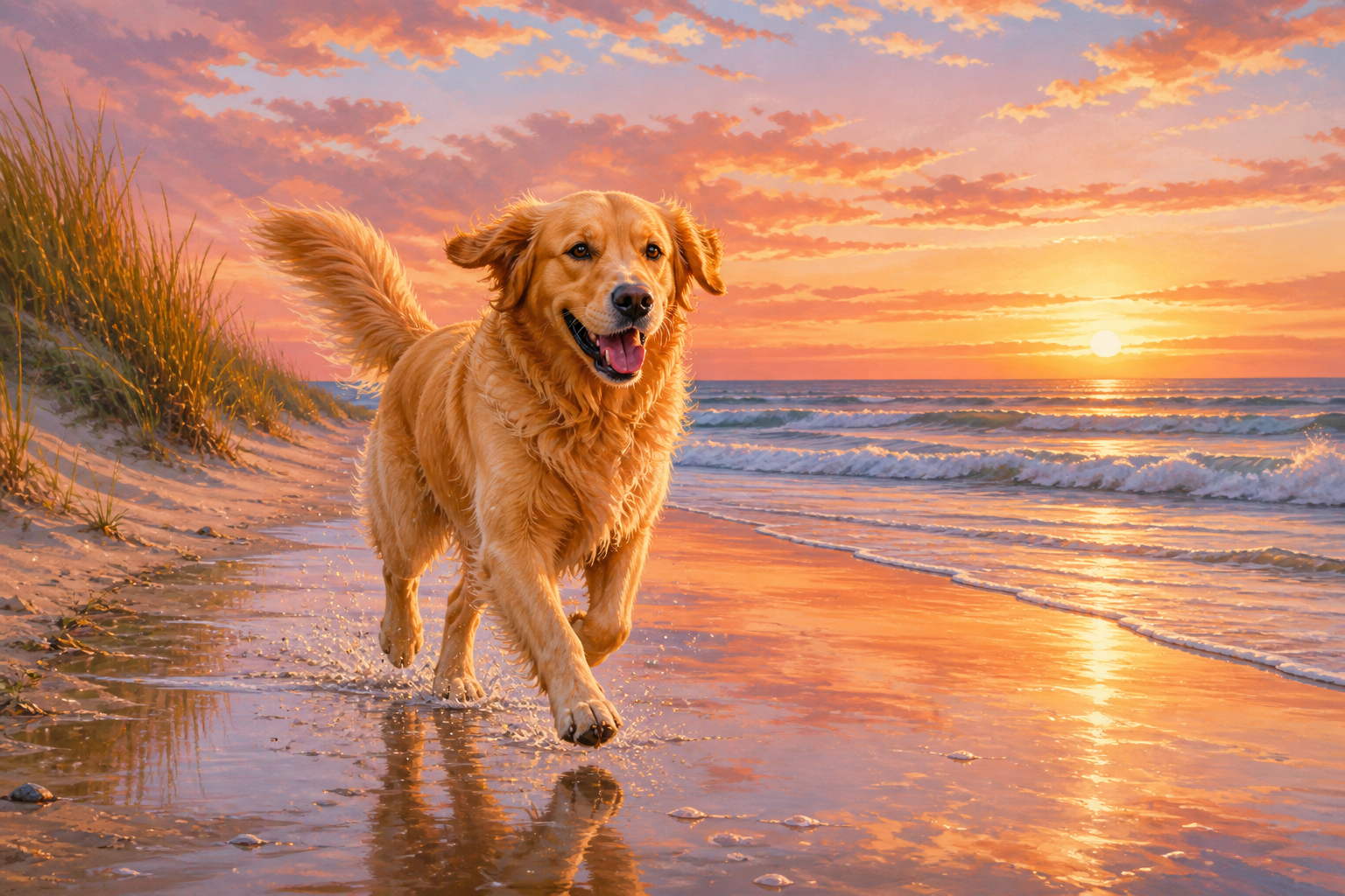 Diamond painting ontwerp met golden retriever rent over het strand