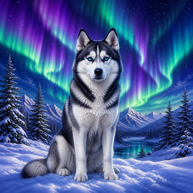 Diamond painting ontwerp met husky onder het noorderlicht