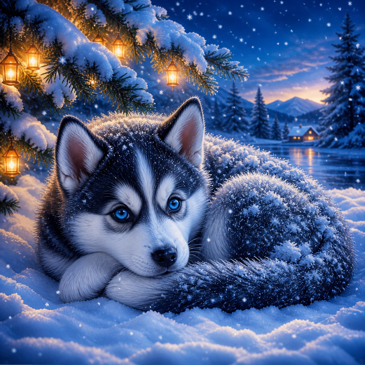 Diamond painting ontwerp met husky puppy in de sneeuw