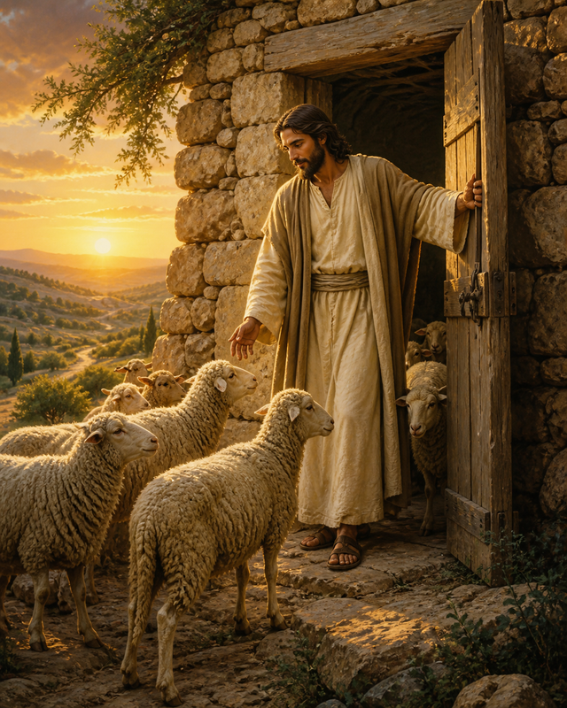 Diamond Painting Jezus bij de Schaapskooi – Jezus opent bij zonsopkomst een eenvoudige stenen schaapskooi voor een kleine kudde