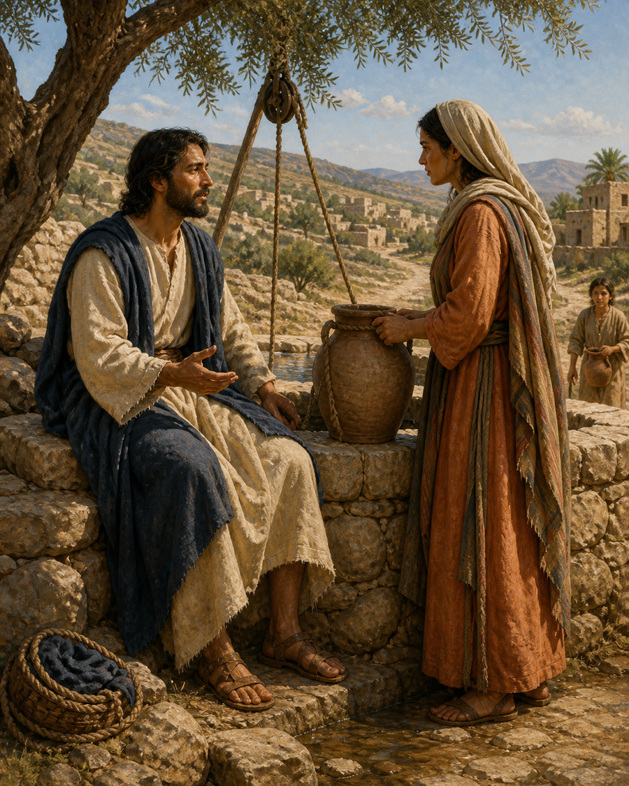 Diamond Painting Jezus en de Samaritaanse Vrouw – Jezus in respectvol gesprek met een volwassen Samaritaanse vrouw bij een stenen bron, beide volledig en waardig afgebeeld