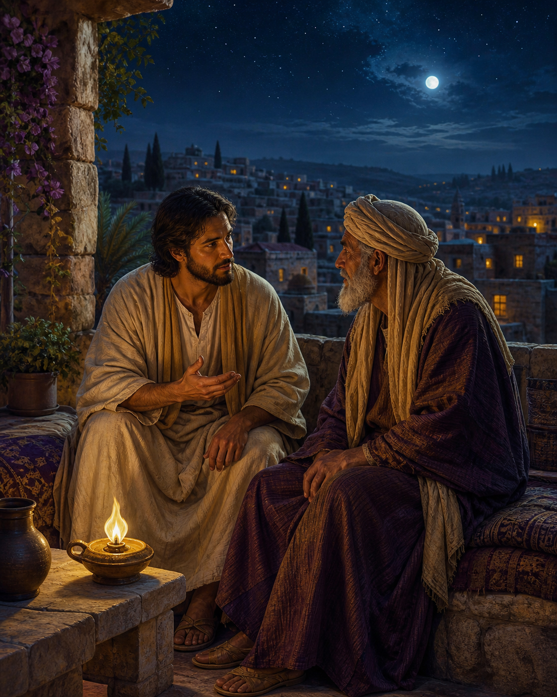 Diamond Painting Jezus en Nicodemus bij Nacht – Jezus in een rustig nachtelijk gesprek met een oudere man op een stenen dakterras met olielamp
