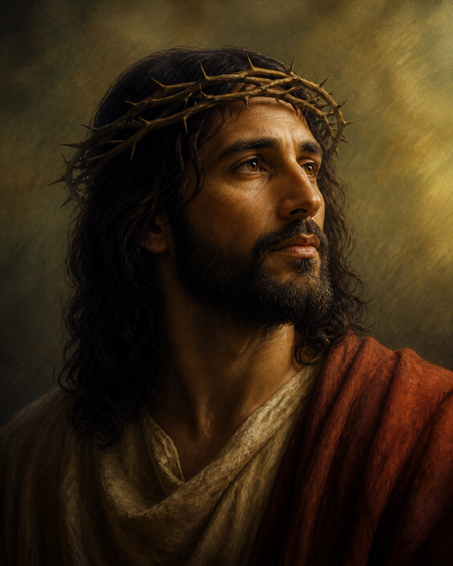 Diamond Painting Jezus met de Doornenkroon – een ingetogen portret van Jezus met een eenvoudige doornenkroon, kalme blik en zacht zijlicht, zonder bloed of verwondingsdetail