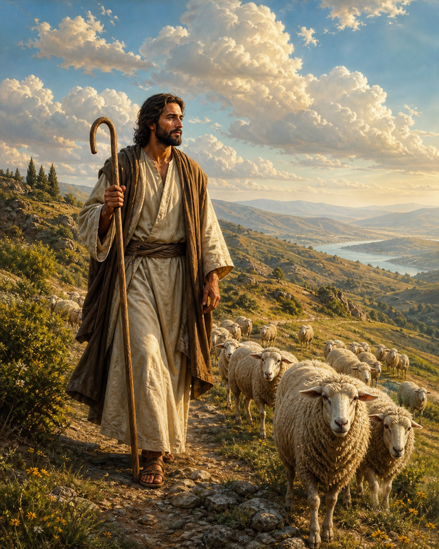 Diamond Painting Jezus met de Kudde in de Heuvels – een brede heuvelscène met Jezus en een kudde onder grote zachte wolken