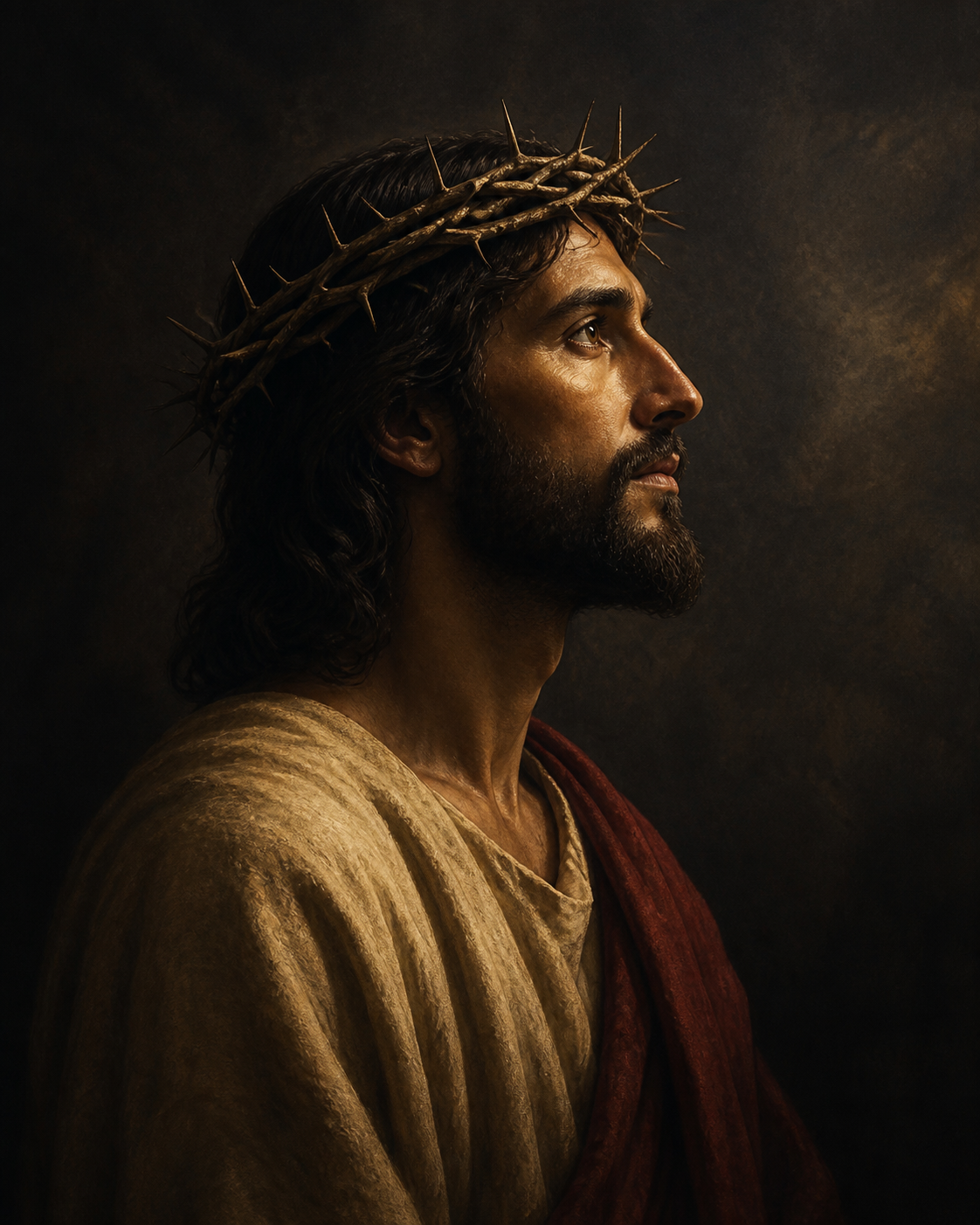 Diamond Painting Jezus met Doornenkroon in Zijaanzicht – een respectvol zijaanzicht van Jezus met doornenkroon en donkere achtergrond, zonder bloed of expliciet letsel
