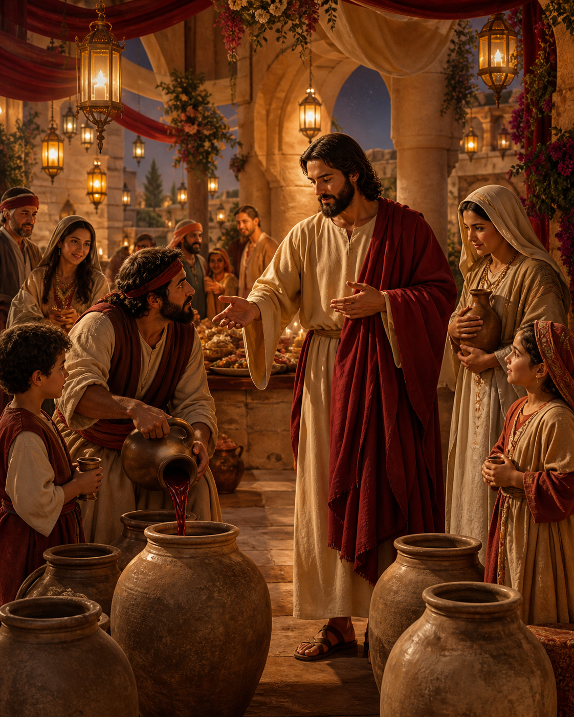 Diamond Painting Jezus op de Bruiloft in Kana – Jezus in een feestelijke binnenplaats uit de oudheid met stenen kruiken, tafels en warme lantaarns