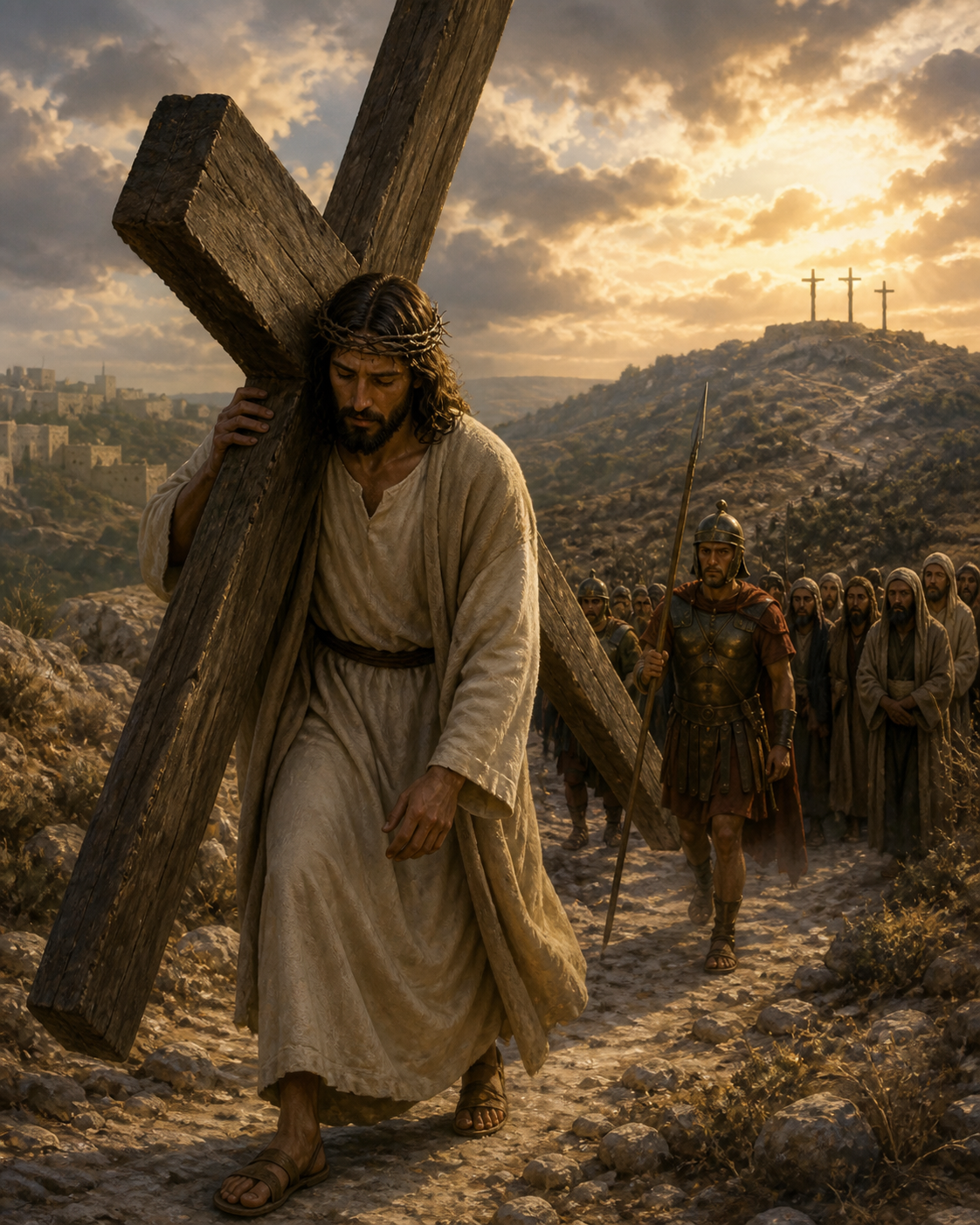 Diamond Painting Jezus op Weg naar Golgotha – een brede scène van Jezus met het kruis op een heuvelpad en drie kruisen als silhouetten in de verre horizon