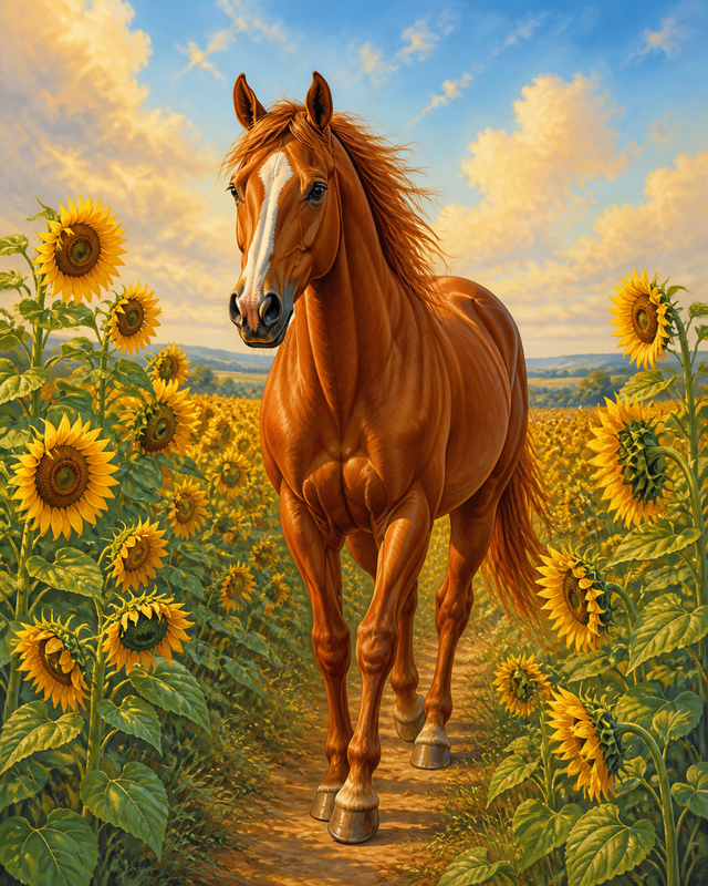 Diamond Painting Kastanjepaard tussen Zonnebloemen – een kastanjebruin paard tussen hoge zonnebloemen