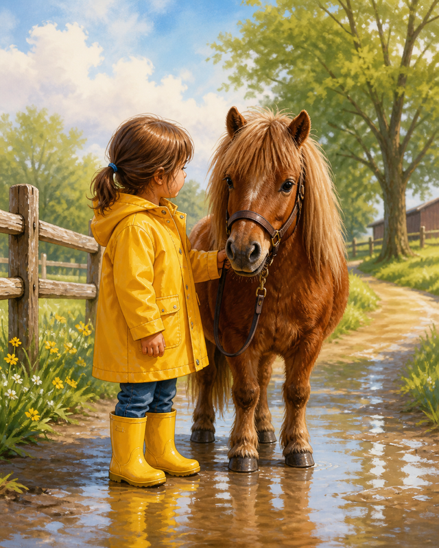Diamond Painting Kind met Pony in de Regen – een kind in een regenjas naast een kleine pony