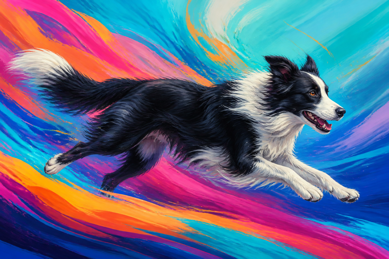 Diamond painting ontwerp met kleurrijke rennende border collie