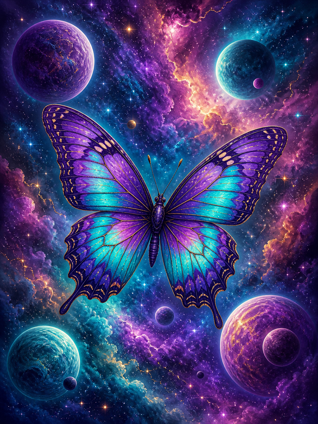 Diamond painting ontwerp met kosmische vlinder tussen planeten