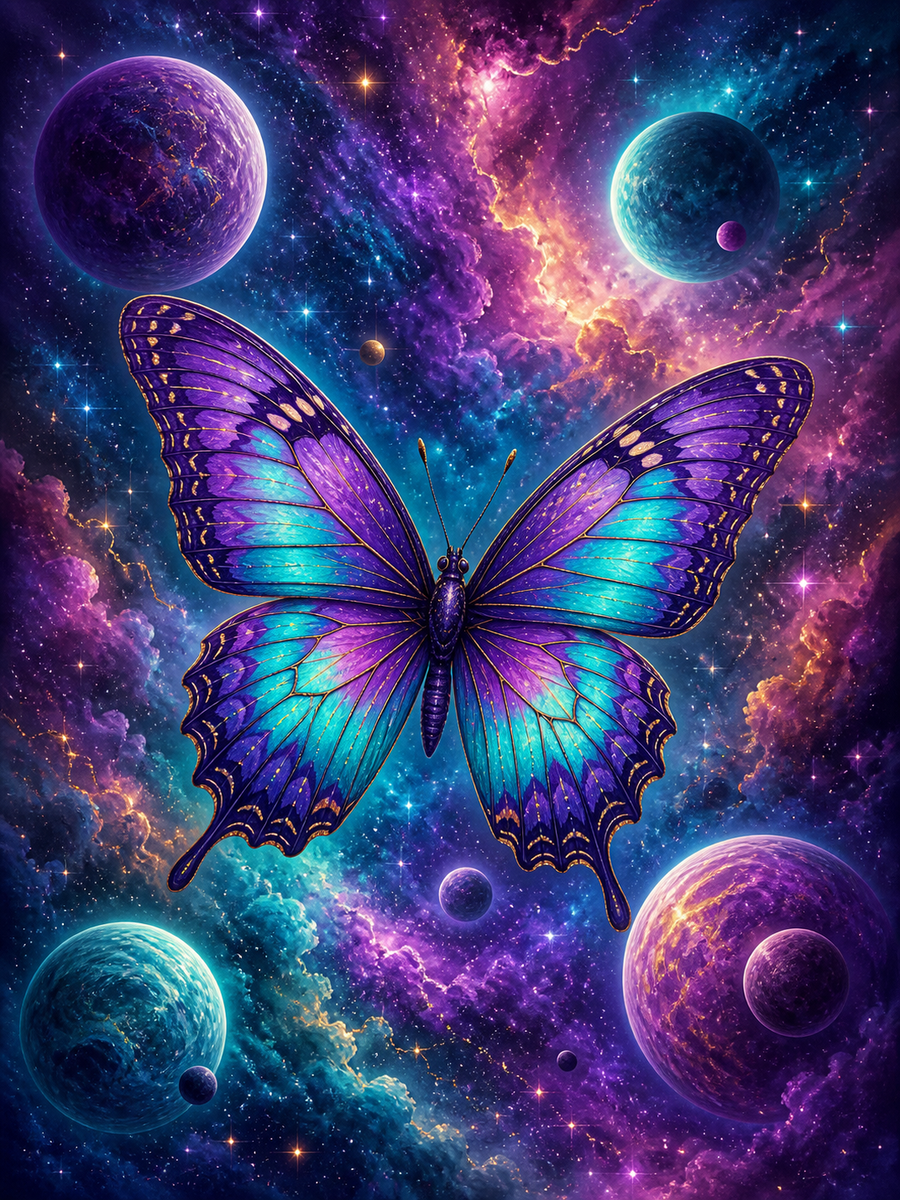 Diamond painting ontwerp met kosmische vlinder tussen planeten