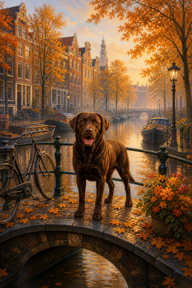 Diamond painting ontwerp met labrador aan de amsterdamse gracht
