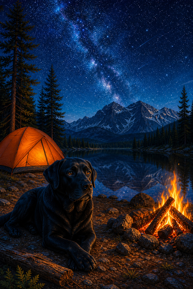 Diamond painting ontwerp met labrador bij het kampvuur