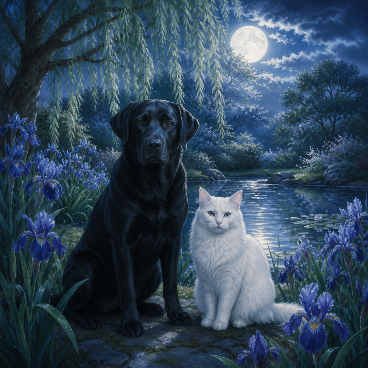 Diamond painting ontwerp met labrador en witte kat in de maantuin